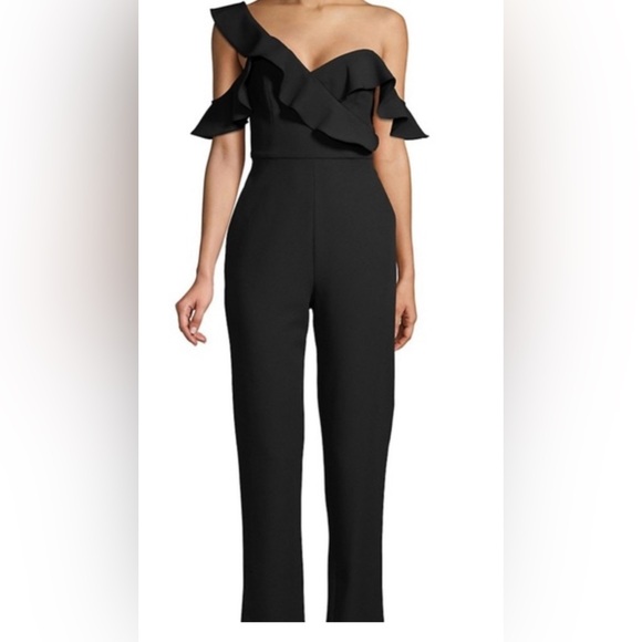 NEW 389 BCBG MAXAZRIA JUMPSUIT TOP PANTS BLACK RUFFLE XS - Picture 2 of 4